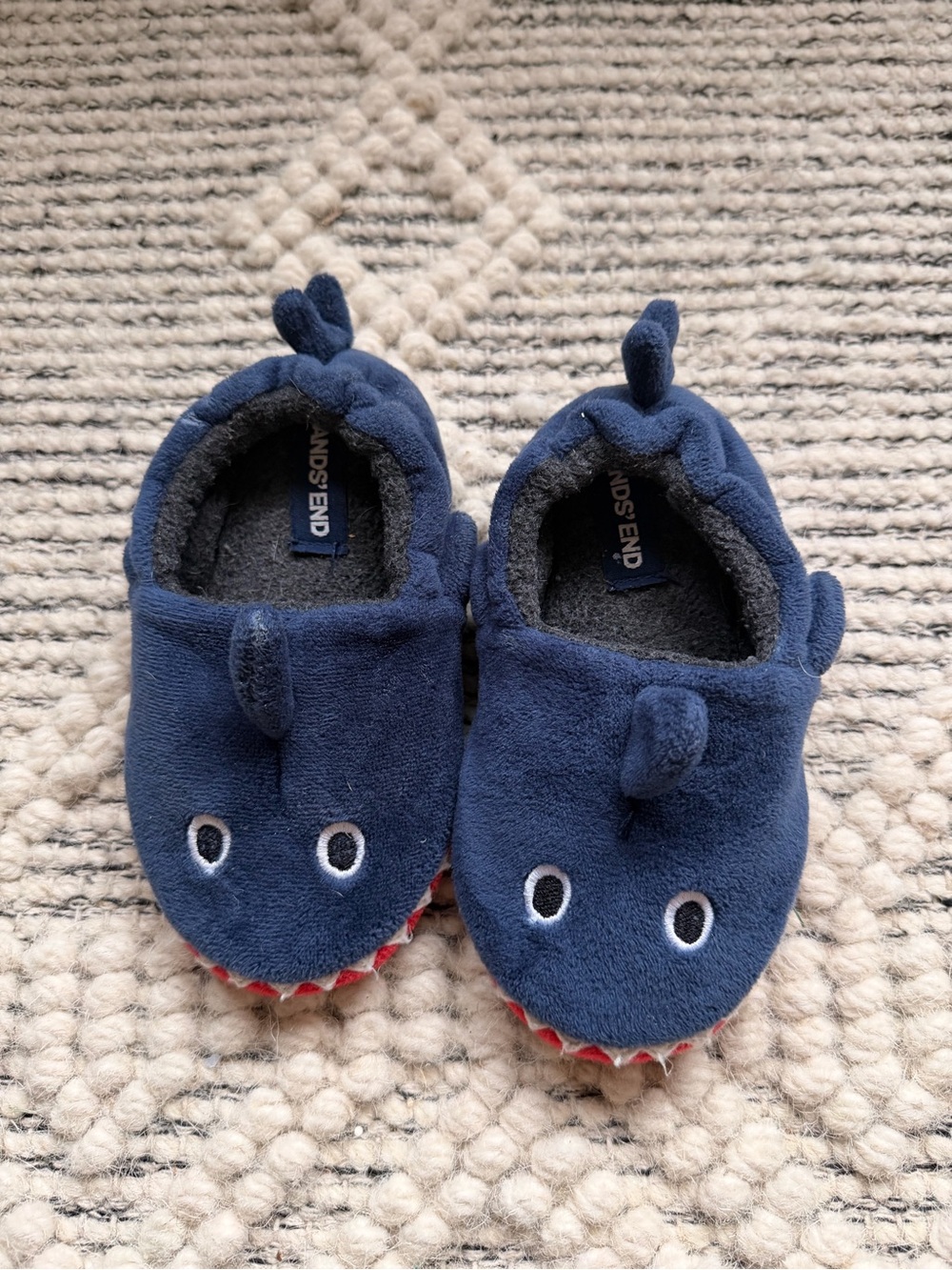 Lands' End Navy Shark Plush Slipper Booties